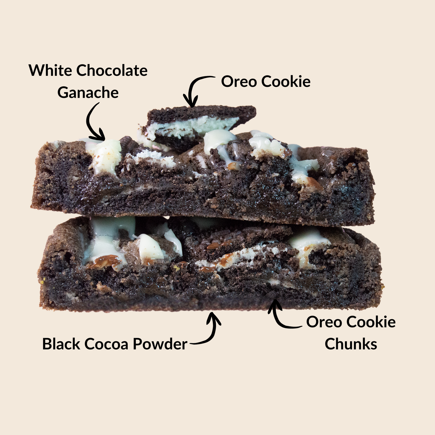 Cookies and cream cookie with labeled ingredients on a beige background