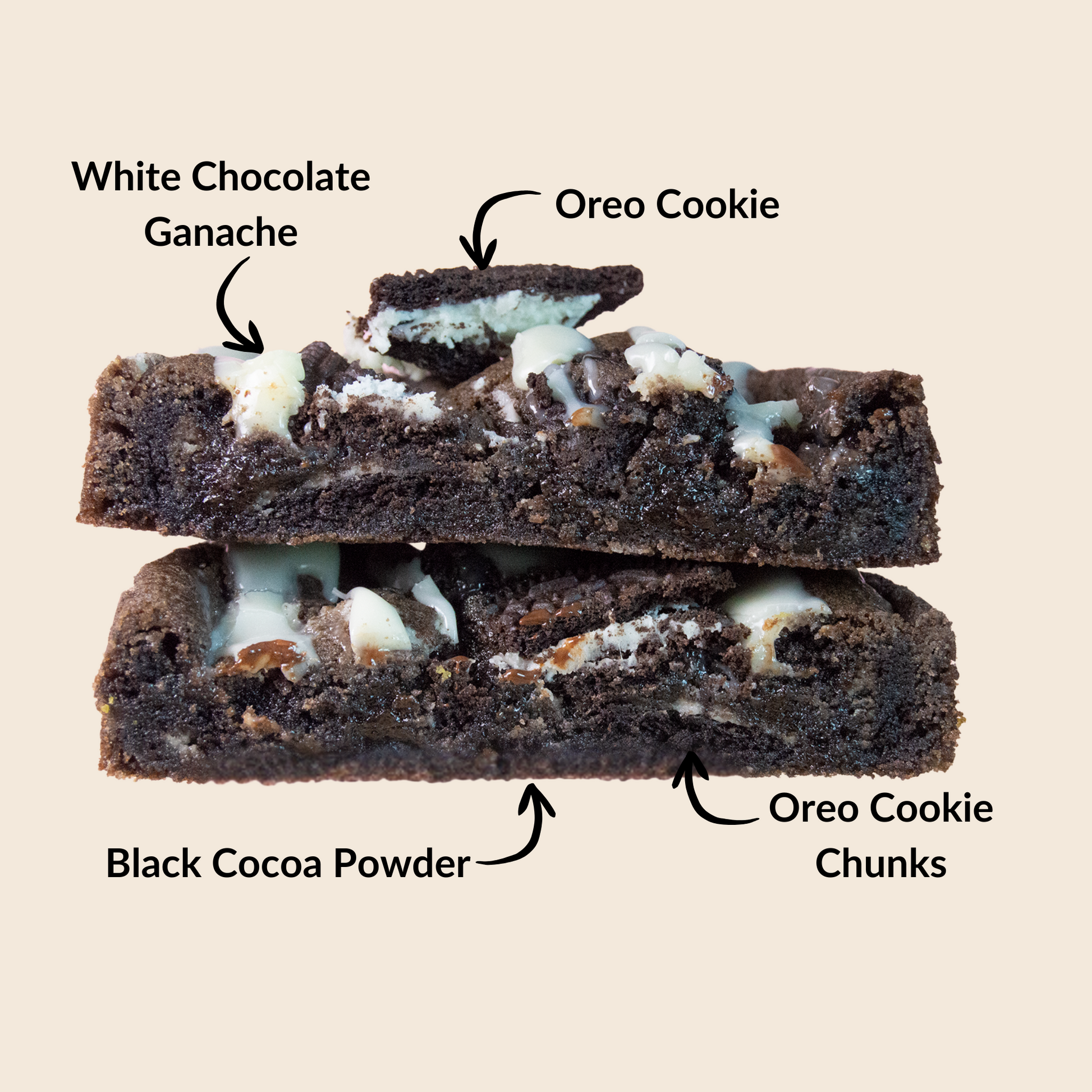 Cookies and cream cookie with labeled ingredients on a beige background